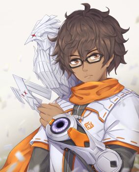 1boy black-framed_eyewear brown_eyes brown_hair closed_mouth commentary dark-skinned_male dark_skin english_commentary glasses gradient_background grey_background hair_between_eyes highres kyl490 male_focus orange_scarf origami scarf solo taion_(xenoblade) upper_body xenoblade_chronicles_(series) xenoblade_chronicles_3