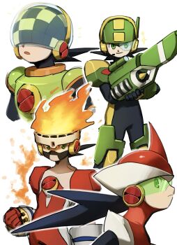 1boy absurdres arm_cannon armor assault_visor black_hair double_soul_(mega_man) fire fireman.exe green_armor green_helmet helmet highres long_hair male_focus mega_man_(series) mega_man_battle_network_(series) megaman.exe multiple_views noro_zt numberman.exe protoman.exe red_helmet scouter searchman.exe spiked_hair weapon