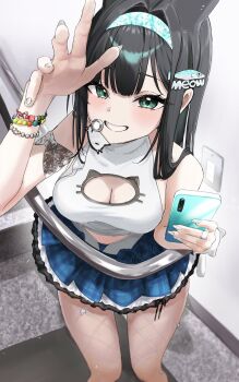 1girl absurdres aqua_headband arata_haru black_hair blue_eyes blue_headband blue_skirt blush breasts cat_ornament cellphone clothing_cutout commentary fish_hair_ornament goddess_of_victory:_nikke grey_nails hair_ornament hairband headband headset highres holding holding_phone idol large_breasts long_hair looking_at_viewer mint_(nikke) open_mouth phone shirt skirt sleeveless smartphone smile solo untranslatable_commentary