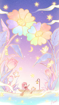 1girl andersen&#039;s_fairy_tales animal artist_request blunt_bangs boat bow bowtie brown_eyes cat chibi chinese_commentary chinese_text clothed_animal commentary_request copyright_name crescent_moon dress ear_covers flower gradient_sky grass highres holding holding_oar hood hood_up long_hair long_sleeves looking_up mini_person minigirl momo_(nikki) moon multicolored_flower nikki_(nikki) nikki_(series) oar official_art open_mouth orange_flower outdoors pinafore_dress pink_dress pink_flower pink_hair purple_sky red_bow red_bowtie ripples rowboat rowing second-party_source shining_nikki shirt sidelocks sky sleeveless sleeveless_dress smile star_(sky) star_(symbol) starry_sky straight_hair stream thumbelina_(andersen) translation_request tulip turtleneck turtleneck_shirt twilight undersized_animal very_long_hair watercraft white_cat white_flower white_shirt yellow_hood