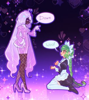 2girls :d apron ascot black_romper black_shoes blunt_bangs bow bowtie braid braided_ponytail dark-skinned_female dark_skin down_boy!!_(meme) dress fascinator fishnets frilled_ascot frills full_body gloves green_hair high_heels highres jacinthe_(pokemon) juliet_sleeves kneeling lebanne_(pokemon) long_braid long_hair long_sleeves looking_at_another low_drills maid_apron maid_headdress mega_stone meme multiple_girls nintendo open_mouth pink_eyes pink_shoes pointing pokemon pokemon_legends:_z-a puffy_sleeves purple_dress purple_hair romper shoes simple_background smile standing tuiffff very_dark_skin white_bow white_bowtie white_gloves