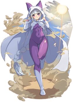 1girl animal_ear_hood blunt_bangs blush bodysuit braid breasts cloak closed_mouth commentary_request covered_navel day dust elf emilia_(re:zero) fake_animal_ears full_body gluteal_fold hands_up highres hood hood_up long_hair long_sleeves looking_at_viewer medium_breasts official_alternate_costume onabe915 outdoors pointy_ears purple_bodysuit purple_eyes re:zero_kara_hajimeru_isekai_seikatsu simple_background sky smile standing standing_on_one_leg sun thighs very_long_hair walking white_background white_cloak white_hair