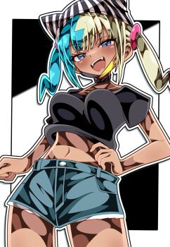 1girl :d alternate_costume aqua_hair black_choker black_shirt blonde_hair blue_shorts breasts canari_(pokemon) choker collarbone commentary_request dark-skinned_female dark_skin hand_on_own_hip hat highres looking_at_viewer medium_breasts midriff multicolored_hair navel nintendo open_mouth pokemon pokemon_legends:_z-a shiki_(kisikisi1007) shirt shorts smile solo striped_hat teeth thighs two-tone_hair upper_teeth_only white_hat