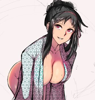 ayame_(senran_kagura) black_hair breasts cleavage collarbone hair_bun hair_ribbon hanging_breasts highres jeaike_art large_breasts leaning_forward looking_at_viewer red_eyes red_ribbon ribbon senran_kagura senran_kagura_new_wave shirt sidelocks smirk sweat white_shirt