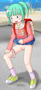 1girl aqua_hair backpack bag blue_eyes blue_skirt blush character_request clothes_lift cloud collarbone copyright_request fence flat_chest green_shoes hand_on_own_knee hood hoodie loli long_hair long_sleeves looking_down name_tag open_mouth panero panties panties_around_leg peeing pink_hoodie playground polka_dot polka_dot_panties ponytail print_hoodie puddle purple_socks pussy randoseru shirt shoes skirt skirt_lift sky smile socks standing star_(symbol) star_print striped_clothes striped_shirt underwear white_panties yellow_shirt