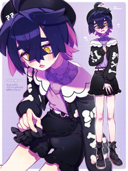 1boy @_@ ahoge androgynous beret black_boots black_cardigan black_hair black_shorts black_skirt blush boots cardigan commentary_request crossdressing crossdressing_(mtf) crossed_bangs embarrassed flying_sweatdrops full_body hat highres kieran_(pokemon) mole mole_on_neck multicolored_hair multiple_views nintendo open_mouth pokemon pokemon_sv purple_background purple_hair purple_shirt shinonome_(delus1on) shirt shorts skirt solo sweatdrop thick_eyebrows two-tone_hair wavy_mouth yellow_eyes