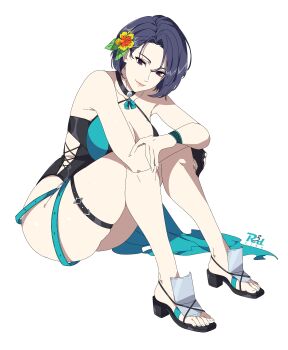 1girl absurdres armpits artist_logo artist_name bare_arms bare_legs bare_shoulders barefoot black_one-piece_swimsuit blue_hair blue_one-piece_swimsuit breasts casual_one-piece_swimsuit choker cleavage closed_mouth collarbone commentary commission crossed_arms elbows_on_knees feet fire_emblem fire_emblem:_three_houses fire_emblem_heroes flower full_body hair_flower hair_ornament high_heel_sandals high_heels highres knees_up large_breasts leaf_hair_ornament legs light_smile lips logo looking_at_viewer nintendo official_alternate_costume one-piece_swimsuit parted_hair purple_eyes r3dfive sandals shamir_nevrand shamir_nevrand_(summer) short_hair simple_background sitting skindentation solo swimsuit thick_thighs thigh_strap thighs toenails toes transparent_background two-tone_swimsuit vgen_commission