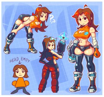 1girl ? ?? abs ahoge arm_cannon ass back bandages blue_background blush boots breasts brown_hair cannon cdose112 cleavage cleavage_cutout clothing_cutout collarbone dot_nose full_body gloves hanging_breasts highres latex latex_thighhighs leaning_forward leg_grab long_hair looking_at_viewer medium_breasts mii_(nintendo) mii_gunner mii_gunner_(smash_4) mob_face muscular muscular_female navel nintendo orange_shirt shiny_skin shirt short_shorts shorts sidelocks skin_tight smile solid_eyes solo super_smash_bros. thighhighs weapon zettai_ryouiki