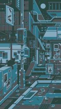 absurdly_detailed_composition air_conditioner air_duct animated animated_gif awning black_cat blinking_lights cat condenser_unit flickering highres loaded_interior monochrome no_humans original outdoors pixel_art ramp scenery sidewalk sign storm_drain vending_machine waneella