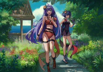 2girls bikini blue_bikini blue_eyes blue_gloves blue_hair blue_sky braid breasts closed_mouth cloud commentary_request crown_braid day fang fingerless_gloves fire_emblem fire_emblem:_radiant_dawn fire_emblem_awakening fire_emblem_heroes flower gloves grass hair_flower hair_ornament hairband high_heels highres holding holding_mask imageprogram_(kent) long_hair lucina_(fire_emblem) lucina_(summer)_(fire_emblem) mask mia_(fire_emblem) mia_(summer)_(fire_emblem) multiple_girls nintendo official_alternate_costume official_alternate_hairstyle open_mouth orange_bikini outdoors revision see-through_clothes skin_fang sky small_breasts smile swimsuit thigh_strap tree unworn_mask very_long_hair water white_hairband wristband