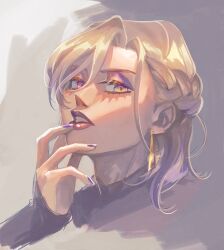 Rule 34 | 1boy, androgynous, blonde hair, braid, cropped shoulders, earrings, eyelashes, eyeshadow, grey background, highres, jewelry, lips, lipstick, long sleeves, looking at viewer, makeup, male focus, parted lips, purple nails, solo, twisted wonderland, ukata, vil schoenheit