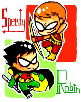 2boys arrow_(projectile) batman_(series) black_hair bow_(weapon) cape cartoon_network character_name chibi dc_comics dick_grayson domino_mask eye_mask gloves green_arrow_(series) male_focus mask multiple_boys orange_hair robin_(dc) roy_harper speedy staff teen_titans weapon