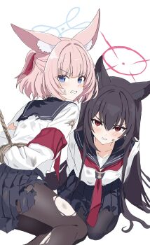 animal_ears armband black_pantyhose blue_archive blue_eyes blue_halo blue_sailor_collar blue_skirt brown_hair fox_ears fox_girl hair_between_eyes halo highres kamitosayu long_hair medium_hair neckerchief niko_(blue_archive) pantyhose pink_hair red_armband red_eyes red_halo red_neckerchief sailor_collar school_uniform serafuku shirt simple_background skirt thighs torn_clothes torn_pantyhose torn_shirt torn_skirt white_background white_shirt yukino_(blue_archive)