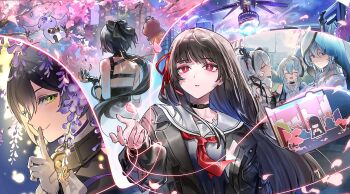 6+girls abby_(wuthering_waves) absurdres black_bow black_choker black_hair black_jacket black_shirt bow buling_(wuthering_waves) camellya_(wuthering_waves) chisa_(wuthering_waves) choker closed_mouth commentary english_commentary female_rover_(wuthering_waves) finger_to_mouth gloves hair_bow hair_ribbon hand_up highres index_finger_raised jacket long_hair low_ponytail mole mole_under_eye multiple_girls namipon_(wuthering_waves) neckerchief okoge_(koge_chan) parted_lips ponytail red_eyes red_neckerchief red_ribbon ribbon rover_(wuthering_waves) sailor_collar shirt shorekeeper_(wuthering_waves) shushing smile sumika_(wuthering_waves) white_gloves white_sailor_collar wuthering_waves