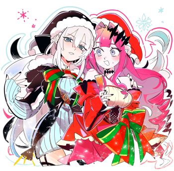 2girls baobhan_sith_(fate) blue_eyes blush bow commentary_request fate/grand_order fate_(series) grey_eyes hair_between_eyes hair_bow hat highres kuriimu0203 long_hair looking_at_viewer morgan_le_fay_(fate) mother_and_daughter multiple_girls nail_polish open_mouth pink_hair pointy_ears ponytail santa_hat simple_background very_long_hair white_background