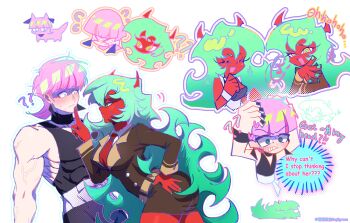 1boy 1girl absurdres black_jumpsuit blue_eyes blush colored_skin demon_girl demon_horns face-to-face green_eyes green_hair highres horns jumpsuit muscular muscular_male panty_&amp;_stocking_with_garterbelt pink_hair polyurethane_(psg) ray5green red_skin scanty_(psg) school_uniform