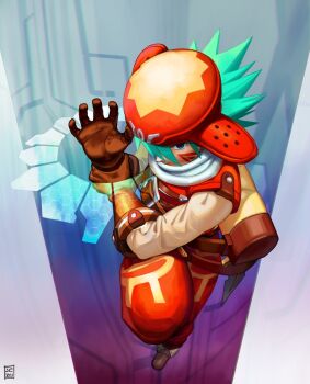 .hack// .hack//games 1boy aqua_hair backpack bag blue_eyes brown_gloves facial_mark full_body gloves green_hair hand_on_own_wrist hand_up hat highres holding_own_wrist kite_(.hack//) looking_at_viewer male_focus overlord_jc pants red_hat red_pants scarf short_hair solo spiked_hair white_scarf