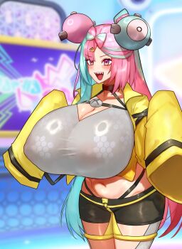 Rule 34 | 1girl, absurdres, alternate costume, breasts, dekapaiyukari, gigantic breasts, highres, iono (pokemon), nintendo, open mouth, pokemon, pokemon sv, see-through clothes, sharp teeth, solo, teeth