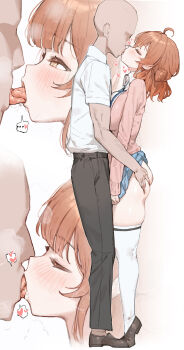 ... 1boy 1girl absurdres ahoge bald black_pants blue_skirt blush breast_press breasts brown_eyes brown_hair brown_shoes cardigan closed_eyes clothes_lift collared_shirt deep_skin french_kiss from_side gakuen_idolmaster grabbing_another's_ass groping hair_bun hanami_ume hatsuboshi_gakuen_school_uniform heart height_difference hetero highres idolmaster kiss large_breasts loafers long_sleeves looking_at_another miniskirt multiple_views no_eyes pants pink_cardigan saliva saliva_trail school_uniform shirt shoes short_hair short_sleeves single_hair_bun single_side_bun skirt skirt_lift spoken_ellipsis spoken_heart thick_thighs thighhighs thighs tiptoes white_shirt white_thighhighs yam810