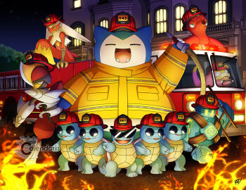 arm_blade artist_name bisharp blaziken blue_eyes building closed_eyes closed_mouth clothed_pokemon colored_sclera commentary embers english_commentary fangs fire fire_truck firefighter firefighter_helmet firefighter_jacket galarian_form galarian_slowpoke gen_1_pokemon gen_2_pokemon gen_3_pokemon gen_5_pokemon gen_8_pokemon golett helmet highres holding holding_hose holding_ladder hose jacket ladder long_sleeves motor_vehicle night nintendo octillery open_mouth outdoors pokemon pokemon_(creature) pokemon_focus red_helmet round_eyewear signature sky smile snorlax squirtle squirtle_squad star_(sky) sunglasses thecalendork truck watermark weapon window yellow_jacket yellow_sclera