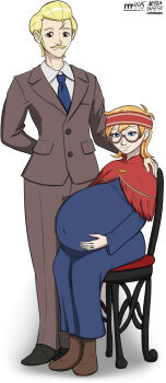 1boy 1girl a0iisa aged_up blonde_hair blue_dress blue_eyes boots brown_boots brown_eyes brown_suit caucasoid chair couple dress facial_hair finland finnish_clothes formal_clothes frank_(little_witch_academia) freckles glasses hand_on_own_stomach headband housewife jewelry little_witch_academia lotte_jansson mustache pregnant red_hair red_headband red_shawl ring shawl short_hair sitting studio_trigger suit sweden traditional_clothing tribal