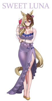 absurdres animal_ears arm_under_breasts bangle blonde_hair bow bracelet breasts brown_hair champagne_flute character_name cleavage cocktail_dress commentary_request commission cup dress drinking_glass earrings english_text fukuro_(maruaru00) hair_between_eyes hair_bow highres holding holding_cup horse_ears horse_girl horse_tail jewelry looking_at_viewer multicolored_hair original personification pixiv_commission purple_bow purple_dress purple_eyes see-through_shrug shrug_(clothing) single_earring spaghetti_strap split-color_hair sweet_luna_(racehorse) tail umamusume waist_bow