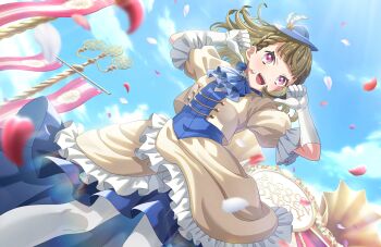 Rule 34 | 1girl, :d, ascot, blue ascot, blue hat, blue sky, blue vest, braid, brown hair, center-flap bangs, cloud, day, elbow gloves, falling petals, feathers, feet out of frame, frilled skirt, frilled sleeves, frills, game asset, gloves, hana sakeba yume kakeru, hat, hat feather, headset, highres, jacket, kachimachi kosuzu, long hair, looking at viewer, love live!, love live! hasu no sora jogakuin school idol club, love live! hasu no sora jogakuin school idol club bloom garden party, non-web source, official art, open clothes, open jacket, open mouth, outdoors, pantyhose, petals, pink eyes, pointing, pointing at self, pointing with thumb, puffy short sleeves, puffy sleeves, red petals, self-datamine, short-sleeved jacket, short sleeves, side braids, skirt, sky, smile, solo, teeth, upper teeth only, vest, virtual youtuber, white feathers, white gloves, white jacket, white pantyhose, white petals, white skirt