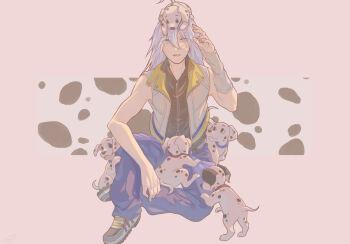 101_dalmatians 1boy animal animal_collar animal_on_head black_shirt blue_collar collar commentary_request dalmatian denim dog highres jacket jeans kingdom_hearts kingdom_hearts_ii on_head open_clothes open_jacket pants red_collar riku_(kingdom_hearts) shirt shoes sitting sleeveless sneakers solo twilight_yuuhi white_jacket