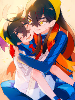 Rule 34 | 1boy, 1girl, black hair, blue jacket, blue pants, blue shirt, blue socks, blush, brother and sister, carmine (pokemon), cheek-to-cheek, closed eyes, collared shirt, commentary request, crossed bangs, eyelashes, gloves, grin, hair between eyes, hairband, heads together, highres, hug, jacket, kieran (pokemon), long hair, mole, mole on neck, multicolored hair, nintendo, open mouth, pants, pokemon, pokemon scarlet and violet, purple hair, red gloves, red hair, shiro (46isou), shirt, shorts, siblings, simple background, single glove, sitting, sitting on lap, sitting on person, smile, socks, white jacket, white shorts, yellow eyes, yellow hairband