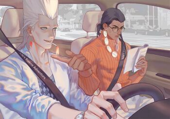 2boys :d black_hair blue_eyes broken_heart brown_eyes chinese_commentary cigarette commentary dark-skinned_male dark_skin driving earrings english_commentary fire glasses heart heart_earrings jean_pierre_polnareff jewelry jojo_no_kimyou_na_bouken low_ponytail male_focus mixed-language_commentary mohammed_avdol multiple_boys open_mouth parted_lips ponytail reading seatbelt sitting slice_of_life smile stardust_crusaders sweater tantan_(jieve629) turtleneck turtleneck_sweater watch white_hair
