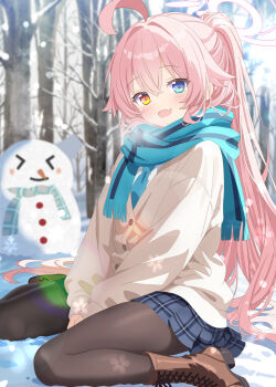 Rule 34 | 1girl, :d, ahoge, aruka (alka p1), black pantyhose, blue archive, blue eyes, blue scarf, blue skirt, blush, boots, brown boots, buttons, coat, commentary, day, fang, full body, hair between eyes, halo, heterochromia, highres, hoshino (blue archive), lace-up boots, long hair, long sleeves, miniskirt, open mouth, outdoors, pantyhose, pink hair, pink halo, plaid clothes, plaid skirt, pleated skirt, ponytail, scarf, sitting, skirt, smile, snow, snowman, solo, wariza, white coat, winter, yellow eyes
