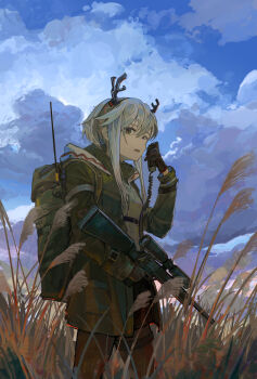 Rule 34 | 1girl, antlers, arknights, backpack, bag, belt, black gloves, breasts, cloud, cloudy sky, commentary request, cowboy shot, deer antlers, deer girl, field, field radio, firewatch (arknights), from below, gloves, green eyes, green hairband, green jacket, grey hair, grey sweater, gun, hair flaps, hairband, high belt, highres, holding, holding gun, holding weapon, hood, hood down, hooded jacket, horns, jacket, kasumi yuzuha, long hair, looking at viewer, neck warmer, outdoors, pantyhose, radio antenna, rifle, scope, sidelocks, sky, small breasts, sniper rifle, solo, standing, sweater, talking, thigh strap, trigger discipline, walking, weapon