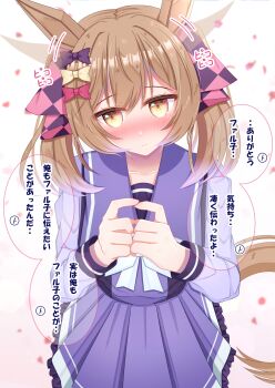 Rule 34 | 1girl, animal ears, argyle bow, blush, bow, bowtie, breasts, brown eyes, brown hair, closed mouth, collarbone, commentary request, ears wagging, hair between eyes, hair bow, highres, horse ears, horse girl, horse tail, long sleeves, looking at viewer, lpikamasi, medium hair, multiple hair bows, pink bow, pleated skirt, purple bow, purple sailor collar, purple serafuku, purple shirt, purple skirt, sailor collar, sailor shirt, school uniform, serafuku, shirt, skirt, smart falcon (umamusume), solo, speech bubble, tail, tracen school uniform, translation request, twintails, umamusume, variant set, white bow, white bowtie, yellow bow