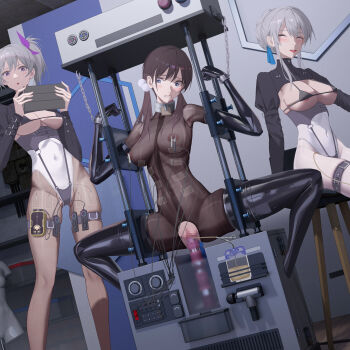 3girls absurdres bdsm black_pantyhose bodystocking bondage bound breasts brown_hair censored collar covered_navel dildo egg_vibrator femdom gluteal_fold grey_eyes grey_hair highres large_breasts leotard long_hair low_twintails mosaic_censoring multiple_girls object_insertion open_mouth original pantyhose restrained roundschen separated_arms separated_legs sex_toy shrug_(clothing) side_ponytail sidelocks skin_tight skindentation slave sounding thigh_strap twintails urethral_insertion vaginal vaginal_object_insertion vibrator white_leotard