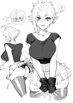 1girl :3 ? ass breasts chibi chibi_inset code_vein female_protagonist_(code_vein) from_behind greyscale hair_between_eyes highres jewelry large_breasts looking_at_viewer miniskirt monochrome multiple_views necklace pleated_skirt shishamo_712 short_hair simple_background skirt smile solo_focus thighhighs very_short_hair white_background