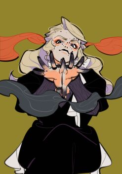 1girl 3itches black_dress black_lips blonde_hair closed_mouth commentary dress eyeshadow green_background highres jewelry long_hair looking_at_viewer makeup mascara olivia_(3itches) orange_eyeshadow outstretched_arms ring simple_background smoke solo swept_bangs symbol-only_commentary tweetyq1961 witch