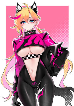 1girl absurdres animal_ear_fluff animal_ears black_gloves blonde_hair blue_eyes blush breasts center_opening closed_mouth cowboy_shot dogs_(dlrkdejr26) gloves gluteal_fold helmet highres large_breasts long_hair long_sleeves looking_at_viewer motorcycle_helmet multicolored_hair muse_dash navel pink_hair revealing_clothes rin_(muse_dash) solo streaked_hair two-tone_hair underboob unworn_headwear unworn_helmet very_long_hair
