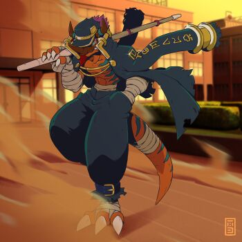 1boy absurdres addriano_divino banchou black_coat black_hat black_pants blurry blurry_background coat coat_on_shoulders delinquent digimoji digimon digimon_(creature) dinosaur green_eyes greymon hand_in_pocket hat highres holding holding_sword holding_weapon horns male_focus outdoors pants purple_hair sharp_teeth short_hair solo sword teeth weapon wooden_sword