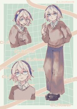 1girl baggy_pants black_hair black_shoes blue_eyes cevio ci_flower commentary_request flower_(vocaloid) highres j_inugami9 multicolored_hair pants round_eyewear shirt shoes short_hair sweater white_hair white_shirt