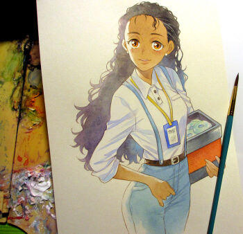 1girl agahari art_brush art_tools_in_frame belt belt_buckle black_belt black_hair blue_pants box brown_eyes buckle collared_shirt commentary_request cowboy_shot dark-skinned_female dark_skin disc earrings holding holding_box jewelry lanyard long_hair looking_at_viewer my_time_at_portia paintbrush painting_(medium) pants parted_lips petra_(my_time_at_portia) photo_(medium) shirt sleeves_rolled_up smile solo standing suspenders traditional_media very_long_hair white_shirt