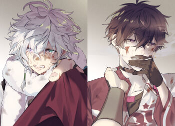 Rule 34 | 2boys, absurdres, black gloves, blood, blood on clothes, blood on face, brown hair, cigarette, commentary request, crying, crying with eyes open, ebippoid, fur scarf, gloves, gradient background, green eyes, grey background, grimace, highres, holding, holding cigarette, male focus, multiple boys, murakumo kagetsu, murakumo kagetsu (1st costume), nijisanji, pov, pov hands, purple eyes, purple shirt, saiki ittetsu, saiki ittetsu (1st costume), shirt, short hair, simple background, smoking, tears, two-tone shirt, virtual youtuber, white background, white hair, white shirt