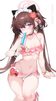 1girl animal_ear_hairband animal_ears bikini blue_archive blush bracelet breasts brown_hair choker cleavage fake_animal_ears flower flower_on_head food frilled_bikini frilled_hairband frills hair_flower hair_ornament hair_ribbon hairband halo heart highleg highleg_bikini holding_food holding_popsicle jewelry knees_together_feet_apart layered_bikini long_hair long_twintails maid_headdress open_mouth pink_bikini pink_choker pink_hairband pink_ribbon popsicle purple_eyes ribbon shen_yu233 shizuko_(blue_archive) shizuko_(swimsuit)_(blue_archive) small_breasts solo standing swimsuit thigh_gap twintails twitter_username whale_tail_(clothing) white_background white_bikini