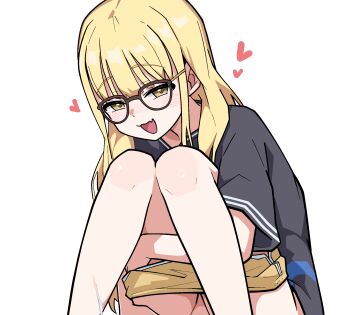 1girl :d black_shirt blonde_hair blush brown-framed_eyewear clothes_pull commission cropped dolphin_shorts fang fujita_kotone gakuen_idolmaster glasses heart highres idolmaster long_hair looking_at_viewer ohgi910 open_mouth out-of-frame_censoring pixiv_commission shirt short_sleeves shorts shorts_pull simple_background skin_fang smile solo white_background yellow_eyes yellow_shorts