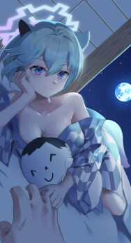 1boy 1girl absurdres animal_ears aqua_hair blue_archive blush breasts full_moon hanzdayo highres japanese_clothes kimono moon night purple_eyes shigure_(blue_archive) short_hair sky smile star_(sky) starry_sky tail weasel weasel_ears weasel_girl weasel_tail yukata