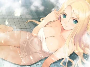 00s 1girl adjusting_hair bath blonde_hair blush breasts cleavage date_wingfield_reiko fault!! female_focus game_cg green_eyes large_breasts legs long_hair looking_at_viewer nude partially_submerged sitting smile solo steam thighs tony_taka towel water wet