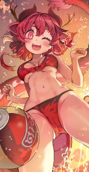 1girl absurdres ball bare_arms bare_shoulders beachball bikini blurry blurry_background blush breasts breasts_apart cameltoe commentary_request commission cowboy_shot crotch dragon_girl dragon_horns dragon_tail from_below gluteal_fold hands_up highres horns kemono_friends kemono_friends_3 legs_apart long_tail looking_at_viewer looking_down medium_breasts medium_hair melaton navel one_eye_closed open_mouth orange_sky outdoors red_bikini red_dragon_(kemono_friends) red_eyes red_hair sky smile solo stomach strap_gap swimsuit tail tareme teeth thighs upper_teeth_only water