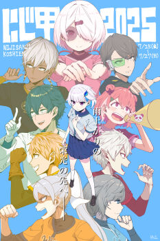 4girls 6+boys :d absurdres black_hair black_shirt blonde_hair blue_background blue_eyes blue_shirt blue_skirt brown_eyes brown_gloves brown_hair closed_mouth commentary_request dark-skinned_male dark_skin ex_albio gloves green_eyes grey_hair grey_shirt hair_between_eyes hair_over_one_eye highres higuchi_kaede ibrahim_(nijisanji) kagami_hayato kanae_(nijisanji) kuzuha_(nijisanji) lab_coat layered_sleeves leos_vincent lize_helesta long_sleeves multicolored_hair multiple_boys multiple_girls nijisanji open_mouth orange_shirt pink_hair pink_shirt pleated_skirt pointy_ears purple_eyes red_eyes sasaki_saku scouter sharp_teeth shiina_yuika shirt short_over_long_sleeves short_sleeves signature simple_background skirt smile socks streaked_hair teeth translation_request v-shaped_eyebrows virtual_youtuber white_gloves white_hair white_socks yellow_eyes yowayowap