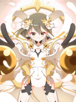 1girl absurdres armor armored_dress black_gloves blush breasts brown_eyes brown_hair cowboy_shot dress flower gloves grey_hair grin hair_between_eyes hair_flower hair_ornament highres long_hair looking_at_viewer magical_girl mankai minowa_gin orb outstretched_arms petals ponytail ri_(pikatexiu_106) ribbon shawl side_ponytail small_breasts smile solo teeth thighhighs v-shaped_eyebrows washio_sumi_wa_yuusha_de_aru white_dress white_gloves yellow_eyes yuusha_de_aru