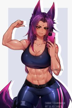 1girl abs animal_ears belt biceps bindi breasts cleavage dark-skinned_female dark_skin flexing highres long_bangs muscular muscular_female nsfwolf original phone purple_hair selfie solo sportswear tail taking_picture tank_top yellow_eyes