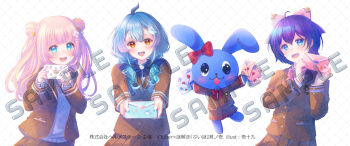 3girls :d ahoge black_bow blazer blue_eyes blue_hair blush bow brown_jacket brown_skirt collared_shirt copyright_request double_bun dress_shirt envelope hair_between_eyes hair_bow hair_bun hair_over_shoulder heart highres holding holding_envelope ittokyu jacket letter long_hair long_sleeves love_letter low_twintails multiple_girls official_art open_clothes open_jacket open_mouth pink_bow pink_hair pleated_skirt purple_hair purple_sweater red_eyes sample_watermark school_uniform shirt short_hair skirt smile sweater twintails virtual_youtuber watermark white_shirt